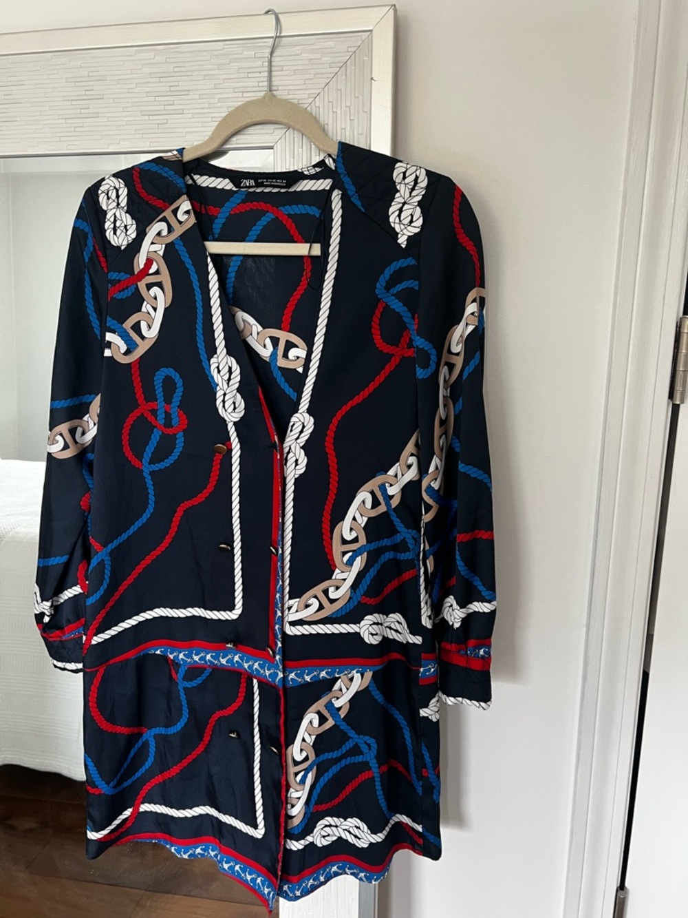 Zara Navy Rope-Print Button-Front Dress with Red & Blue Rope Motif